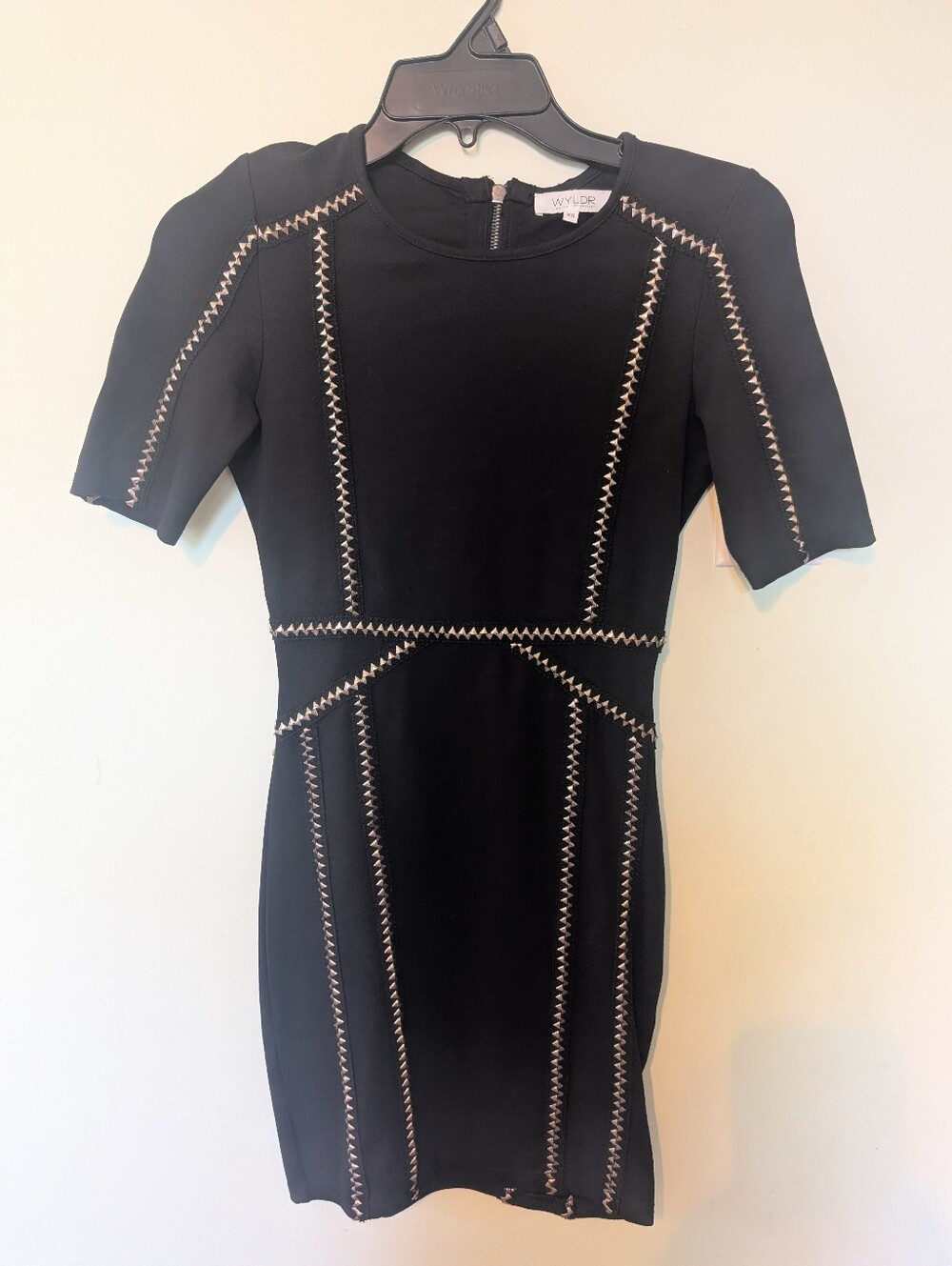 WYLDR Black Stud Bodycon Mini Dress with Geo Faux Metal Studs, Sz XS